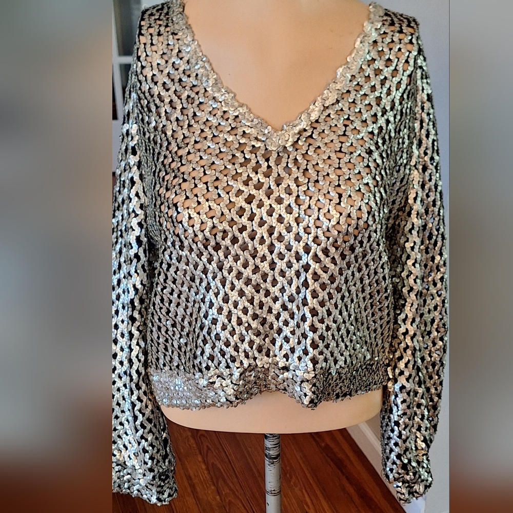 Vintage Three Flags Sequin Top, Shirt Silver/Gray